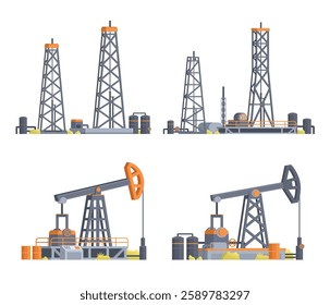 Vector Illustration of Oil extraction platform or Oil Drilling Rig Collection. Fully editable vector element