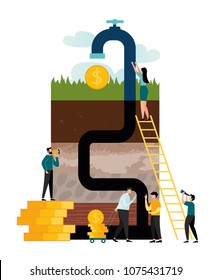 Vector illustration, oil and gas industry process, oil extraction, layers of soil in a section with a pipe and a faucet from which appear gold coins