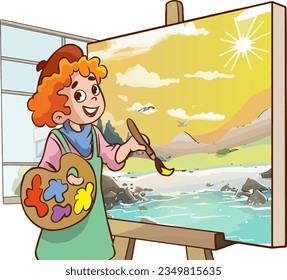 vector illustration of oil painting artist kids