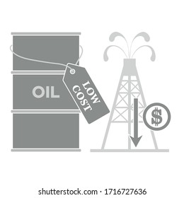 Vector illustration Oil price decrease. Petroleum industry. Economic crisis. Drop prices to negative value. Low cost. Storage. Market crash. WTI West Texas Intermediate. Falling global oil demand.