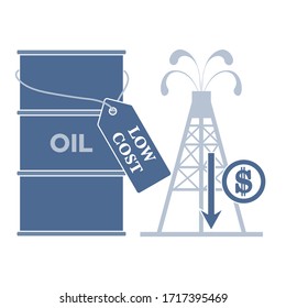 Vector illustration Oil price decrease. Petroleum industry. Economic crisis. Drop prices to negative value. Low cost. Storage. Market crash.. Falling global oil demand.