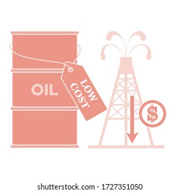 Vector illustration Oil price decrease. Petroleum industry. Economic crisis. Drop prices to negative value. Low cost. Storage. Market crash.. Falling global oil demand.