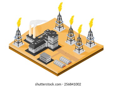 A vector illustration of an oil refinery with oil fields and storage facilities. Isometric oil refinery with oil fields. Manufacturing and refining oil in the middle east.