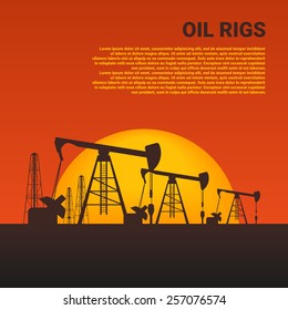 Vector illustration of oil rigs at sunset. Background with place for your text