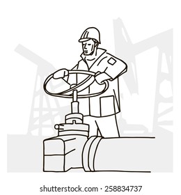 Vector illustration of an oilman on background infrastructure.