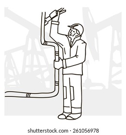 Vector illustration of an oilman on background infrastructure.
