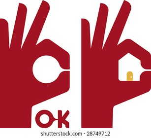 Vector illustration of OK and house hand. Only global colors. CMYK. Easy color changes.