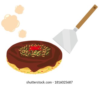 Vector illustration of okonomiyaki and spatula. Okonomiyaki is a local food in Osaka.