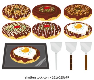 Vector illustration of okonomiyaki and spatula. Okonomiyaki is a local food in Osaka.