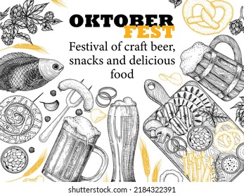 Vector illustration of Oktoberfest banner template in engraving style. Graphic linear cups and glasses of beer, hops, spikelets, pretzel, sausages, garlic, snack board, fish, sausages, chips