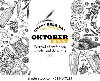 Vector illustration of Oktoberfest banner template in engraving style. Graphic linear cups and glasses of beer, hops, spikelets, pretzel, sausages, garlic, snack board, fish, sausages, chips, bottle