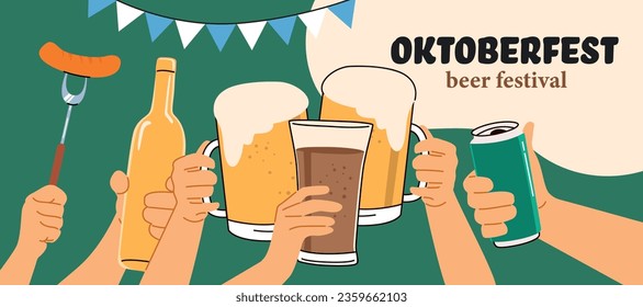 Imagen vectorial del Festival de Cervezas Oktoberfest - Pancarta horizontal con la mano de la gente sosteniendo cerveza y comida tradicional celebrando la festividad bávara