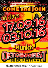 Vector illustration of Oktoberfest beer festival celebration pop art typography poster or flyer template in cartoon style. Oktoberfest flat vertical advertising