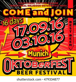 Vector illustration of Oktoberfest beer festival celebration pop art typography poster or flyer template in cartoon style. Oktoberfest flat advertising
