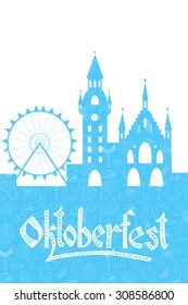 Vector illustration of Oktoberfest card with Munich landscape and lettering. Beer Festival design on textured background. Hand sketched icon. Hand drawn beer festival decoration badge