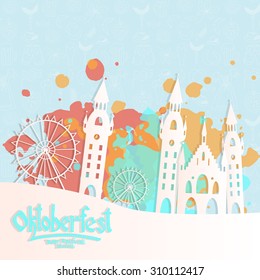 Vector illustration of Oktoberfest card with Munich landscape and lettering. Beer Festival design on textured background. Hand sketched icon. Drawn beer festival decoration badge