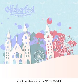 Vector illustration of Oktoberfest card with Munich landscape and lettering. Autumn celebration design on textured background. Hand sketched Festival icon. Drawn beer event decoration badge