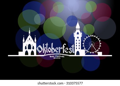 Vector illustration of Oktoberfest card with Munich landscape and lettering. Beer Festival design on textured background. Hand sketched icon. Drawn beer festival decoration badge