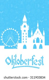Vector illustration of Oktoberfest card with Munich landscape and lettering. Autumn celebration design on textured background. Hand sketched Festival icon. Drawn beer event decoration badge