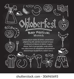 Vector illustration of Oktoberfest elements set. Beer Festival vector banner. Illustration of Bavarian festival design on textured background. Blue, white lettering typography for logo, poster, card