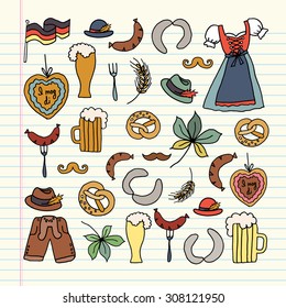 Vector illustration of Oktoberfest elements set. Beer Festival vector banner. Illustration of Bavarian festival design on textured background. Blue, white design for logo, poster, card