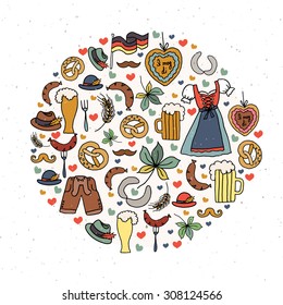 Vector illustration of Oktoberfest elements set. Beer Festival vector banner. Illustration of Bavarian festival design on textured background. Blue, white design for logo, poster, card