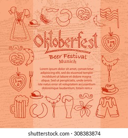 Vector illustration of Oktoberfest elements set. Beer festival celebration design on textured background. Lettering with objects. Hand sketched icons. Hand drawn beer festival decoration badges.