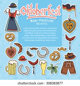 Vector illustration of Oktoberfest elements set. Celebration design on textured background. Lettering with objects. Hand sketched  icons. Drawn beer festival decoration badges.