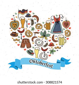 Vector illustration of Oktoberfest elements set. German celebration design on textured background. Lettering with objects. Hand sketched icons. Hand drawn beer festival decoration badges.