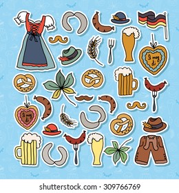 Vector illustration of Oktoberfest elements set. Beer Festival vector banner. Illustration of Bavarian festival design on textured background. Blue, white lettering typography for logo, poster, card