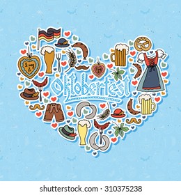 Vector illustration of Oktoberfest elements set. Celebration design on textured background. Lettering typography with objects. Hand sketched german icons. Hand drawn beer festival decoration badges.