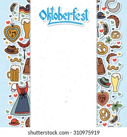 Vector illustration of Oktoberfest elements set. Beer Festival vector banner. Illustration of Bavarian festival design on textured background. Blue, white lettering typography for logo, poster, card