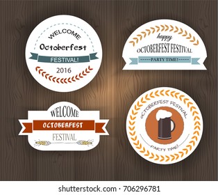 Vector illustration of Oktoberfest emblem and logo. Oktoberfest celebration design on wooden background. Lettering typography. Sticker and Oktoberfest icon. Beer festival decoration badge.