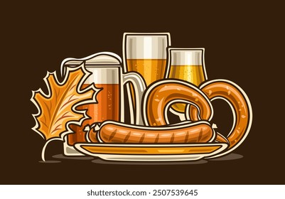 Vector illustration for Oktoberfest, horizontal poster with cartoon design composition of oktoberfest pretzel, yellow fall oak leaf, bratwurst on dish and variety beer glassware on black background