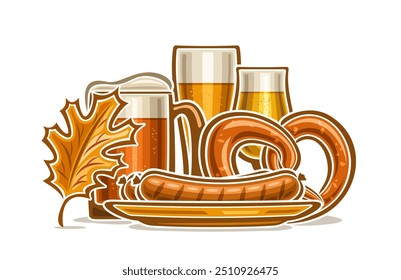 Vector illustration for Oktoberfest, horizontal poster with cartoon design composition of oktoberfest pretzel, orange fall oak leaf, bratwurst on dish and different beer glassware on white background