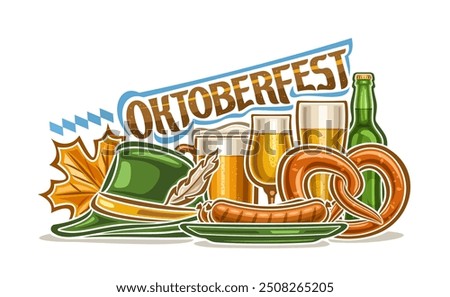 Vector illustration for Oktoberfest, horizontal poster with cartoon design composition of oktoberfest pretzel, blue decorative diamonds, bratwurst on dish and text oktoberfest on white background