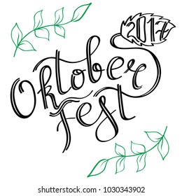 Vector illustration of Oktoberfest logo. Oktoberfest celebration design on textured background. Lettering typography with floral frame. Hand sketched Oktoberfest icon. Beer festival decoration badge