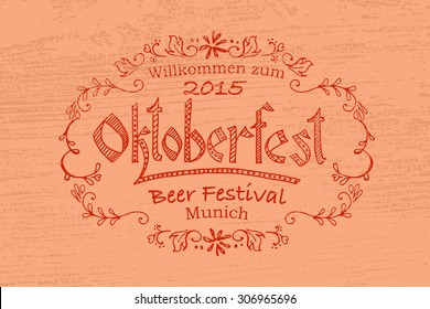 Vector illustration of Oktoberfest logotype. Beer festival celebration design on textured background. Lettering with floral frame. Hand sketched German icon. Autumn celebration decoration badge.