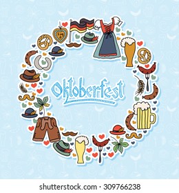 Vector illustration of Oktoberfest logotype. Beer festival celebration design on textured background. Lettering with object frame. Hand sketched German icon. Autumn celebration decoration badge.