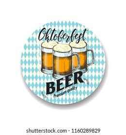 Vector illustration of Oktoberfest logotype. Hand made lettering. Sketch. Oktoberfest glasses with beer on textured background. Beer festival decoration badge. flyer, brochure, web. Advertising. 