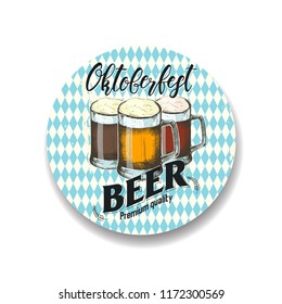 Vector illustration of Oktoberfest logotype. Hand made lettering. Sketch. Oktoberfest glasses with beer on textured background. Beer festival decoration badge. flyer, brochure, web. Advertising. 