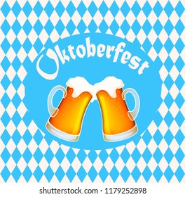 Vector illustration of oktoberfest poster banner with two full beer mugs, blue diamond symbols and lettering