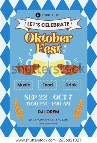 Vector illustration of Oktoberfest poster design featuring a foamy beer mug, sausage, barley decorations, and a blue-checkered Bavarian background. Ideal for autumn beer festivals and promotions.