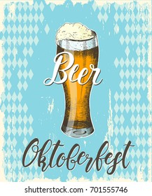 Vector illustration of Oktoberfest Poster with hand drawn beer on blue textured background.  Lettering. Sketch. Engraving illustration. Beer festival. Banner, flyer, brochure, web. Advertising.