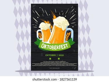 Vector illustration Oktoberfest poster template with two beer mugs on dark wooden background with green ribbon