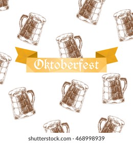 Vector illustration. Oktoberfest sign and brown beer mugs.