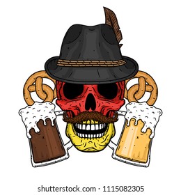 Vector illustration of oktoberfest. Skull with  Germany flag in Tyrolean hat, with pretzels and  glasses of beer