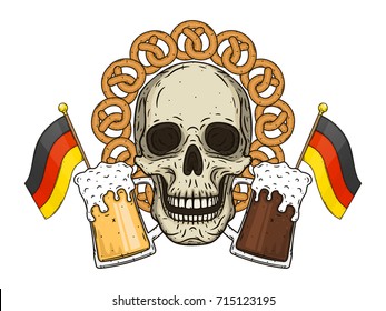 Vector illustration of oktoberfest. Skull  with pretzels, glasses of beer and German flags.