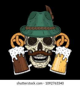 Vector illustration of oktoberfest. Skull in Tyrolean hat, with pretzels and  glasses of beer