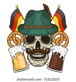 Vector illustration of oktoberfest. Skull in Tyrolean hat, with pretzels, glasses of beer and German flags.